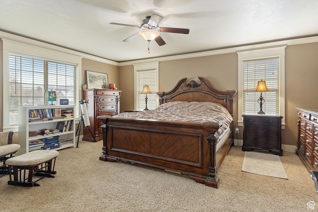 1035 E 300 S, Santaquin, UT 84655 - bedroom with crown molding, baseboards, light colored carpet, and ceiling fan