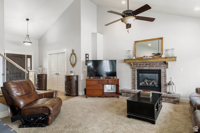 1035 E 300 S, Santaquin, UT 84655 - carpeted living room with a ceiling fan, high vaulted ceiling, baseboards, and a fireplace