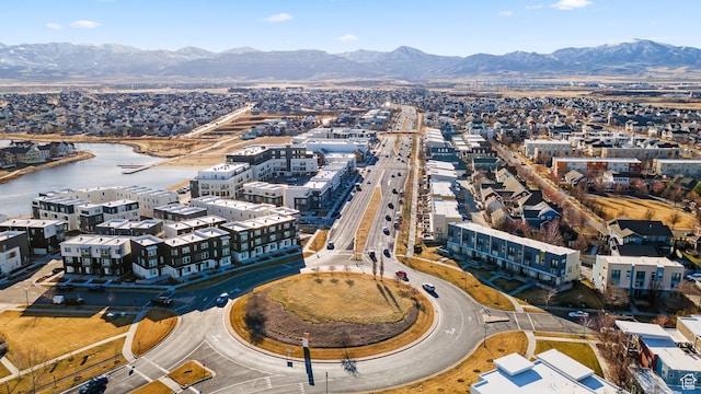aerial view with a water and mountain view
