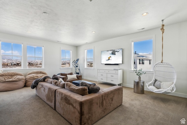 165 E Wasatch Way, Snyderville, UT 84098 - living room featuring visible vents, light carpet, a textured ceiling, recessed lighting, and baseboards