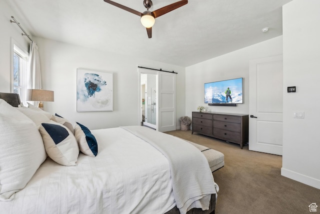 165 E Wasatch Way, Snyderville, UT 84098 - bedroom with a barn door, carpet floors, baseboards, and ceiling fan