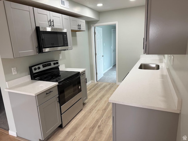 916 E Sunburn Ln, Sandy, UT 84094 - kitchen with visible vents, a sink, light wood-style floors, appliances with stainless steel finishes, and light countertops