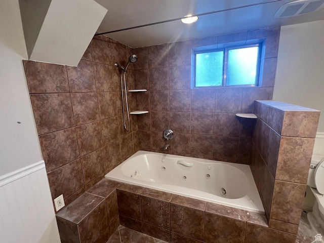916 E Sunburn Ln, Sandy, UT 84094 - bathroom with visible vents, wainscoting, toilet, and a combined bath / shower with jetted tub