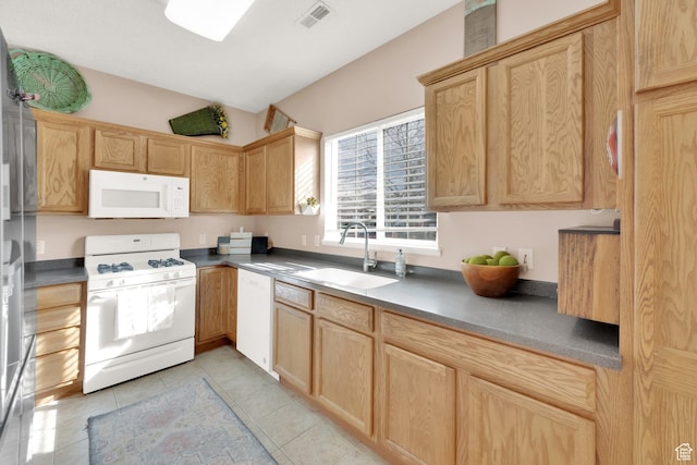 8851 S Humboldt Ct W, West Jordan, UT 84081 - kitchen featuring white appliances, light brown cabinetry, and light tile patterned floors