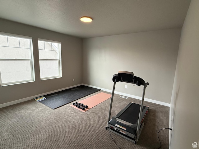 exercise area with visible vents, a textured ceiling, baseboards, and carpet floors