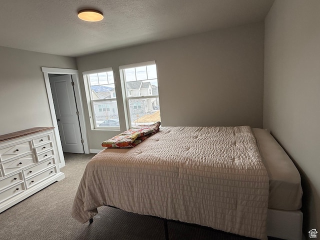 bedroom featuring carpet flooring, a textured ceiling, and baseboards