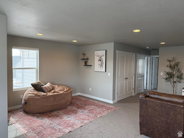living area featuring carpet flooring, a textured ceiling, and baseboards