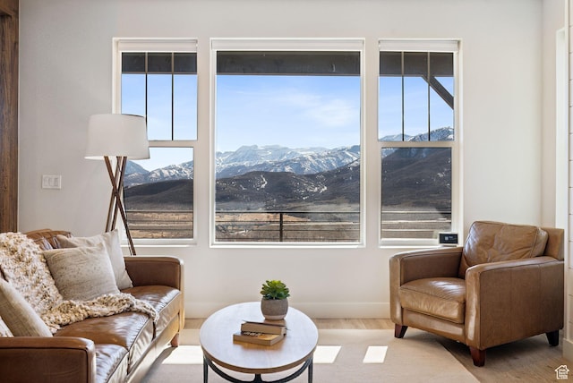 6005 N Westridge Rd, Heber City, UT 84032 - sitting room with wood finished floors, baseboards, a mountain view, and a wealth of natural light