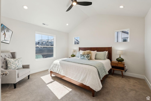 6005 N Westridge Rd, Heber City, UT 84032 - carpeted bedroom featuring visible vents, baseboards, ceiling fan, recessed lighting, and vaulted ceiling