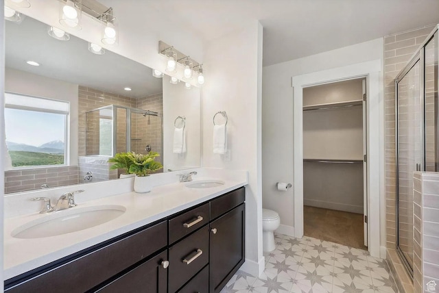 6005 N Westridge Rd, Heber City, UT 84032 - bathroom with double vanity, a sink, tile patterned floors, and a shower stall