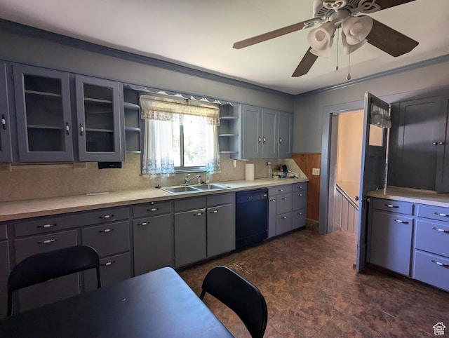 kitchen with a ceiling fan, a sink, open shelves, black dishwasher, and light countertops