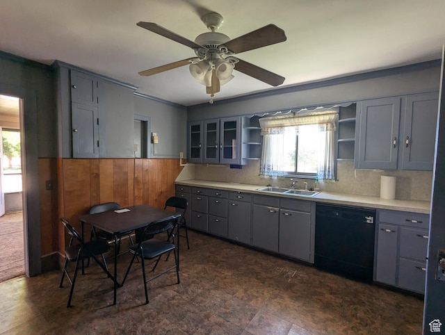 kitchen with open shelves, black dishwasher, gray cabinets, and a sink