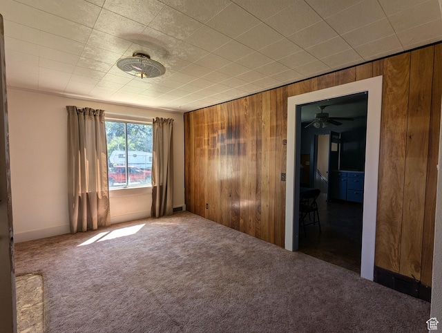 unfurnished room with wooden walls and carpet flooring