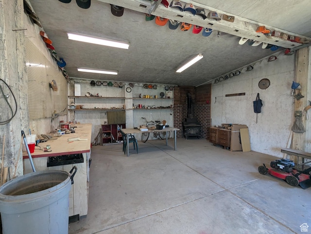 garage with a wood stove