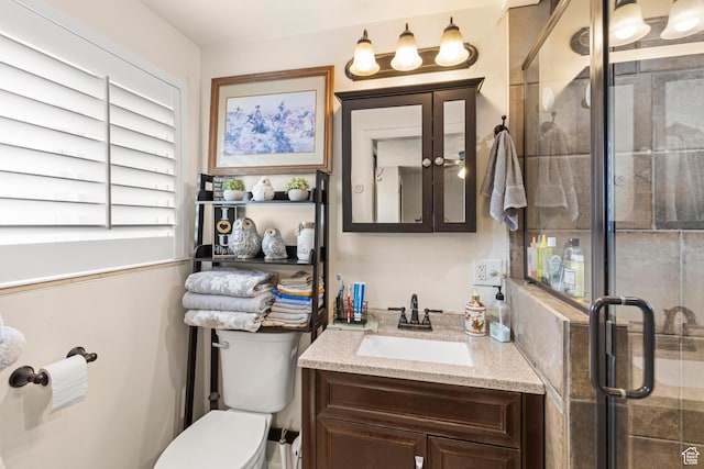 full bathroom featuring vanity, a shower stall, and toilet