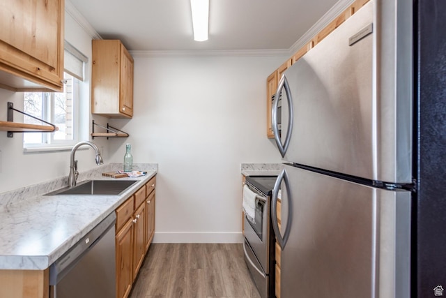 720 E 5th Ave N Unit 9, Salt Lake City, UT 84103 - kitchen with light wood finished floors, a sink, appliances with stainless steel finishes, crown molding, and light countertops