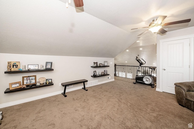 2252 W 3250 S, West Haven, UT 84401 - interior space featuring vaulted ceiling, visible vents, a ceiling fan, carpet floors, and baseboards