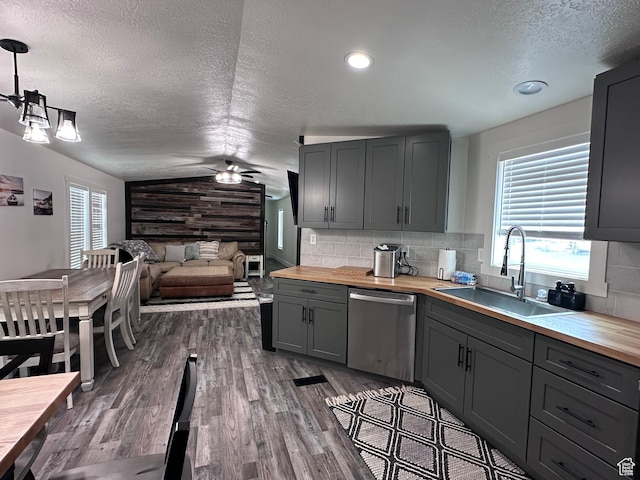 631 S Maple Dr, Garden City, UT 84028 - kitchen featuring butcher block countertops, gray cabinetry, a sink, and stainless steel dishwasher