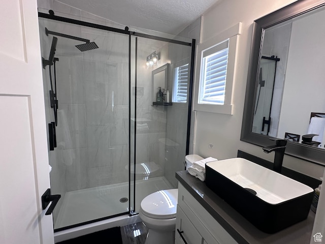 631 S Maple Dr, Garden City, UT 84028 - full bathroom with a stall shower, toilet, vanity, and a textured ceiling