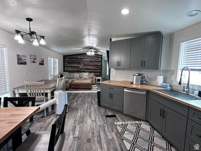 631 S Maple Dr, Garden City, UT 84028 - kitchen with dishwasher, butcher block counters, lofted ceiling, gray cabinets, and a sink