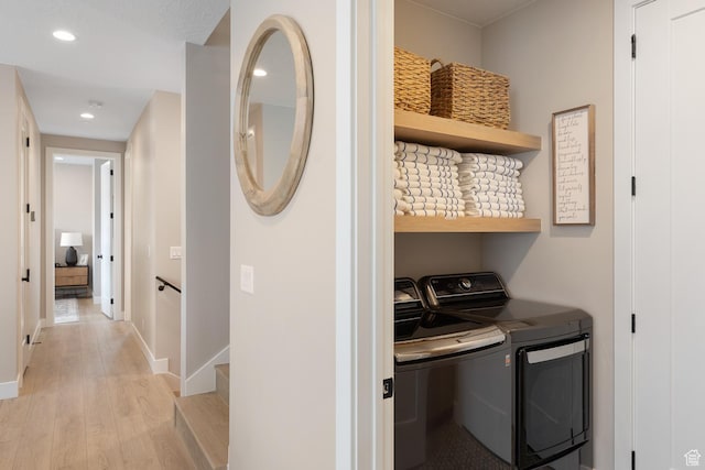 5401 S Aquamarine Ln E, St George, UT 84790 - laundry area featuring baseboards, laundry area, recessed lighting, light wood-style floors, and washer and dryer