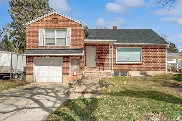 view of front of home with brick siding, a shingled roof, a chimney, a garage, and driveway