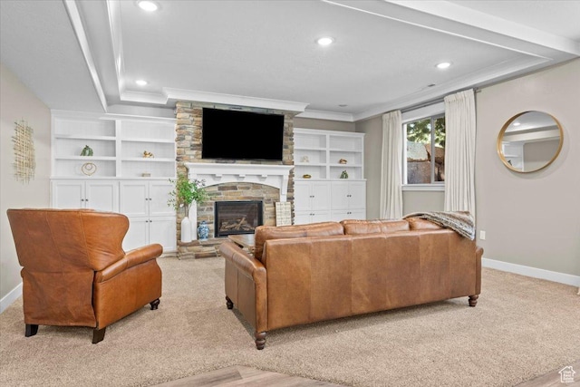 1336 S 2650 E, Springville, UT 84663 - living room featuring baseboards, ornamental molding, a stone fireplace, a raised ceiling, and carpet flooring