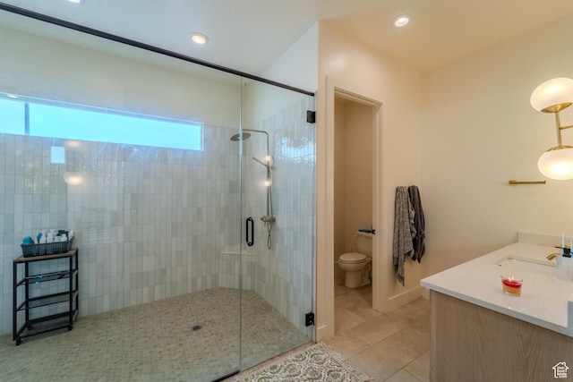 1683 S Painted Vista Cir, Washington, UT 84780 - bathroom featuring recessed lighting, a stall shower, a sink, tile patterned floors, and toilet