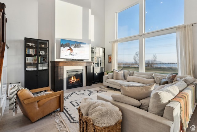 2101 W 980 S, Orem, UT 84059 - living area featuring a glass covered fireplace, a high ceiling, and light wood-style flooring