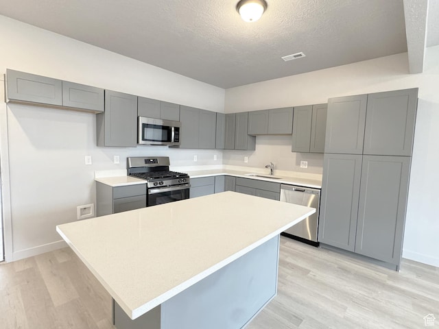 kitchen featuring visible vents, light wood-style flooring, gray cabinets, a sink, and appliances with stainless steel finishes