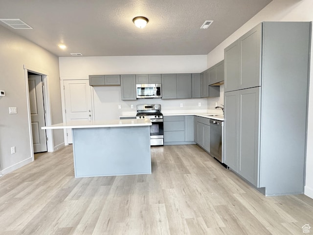 kitchen with light wood-style flooring, gray cabinets, and appliances with stainless steel finishes