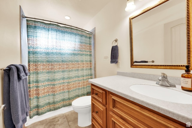 1617 N Mount Zion Dr, Apple Valley, UT 84737 - full bathroom with tile patterned floors, a shower with shower curtain, toilet, and vanity