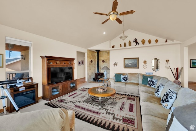 1617 N Mount Zion Dr, Apple Valley, UT 84737 - living room with lofted ceiling, ceiling fan, and a wood stove