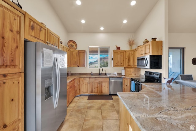 1617 N Mount Zion Dr, Apple Valley, UT 84737 - kitchen featuring a sink, light stone countertops, light tile patterned floors, stainless steel appliances, and recessed lighting