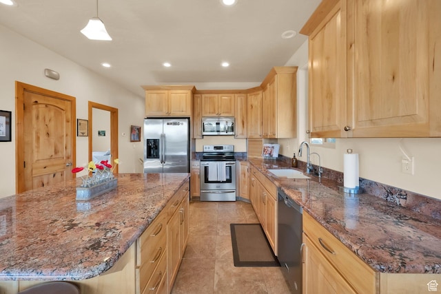 1617 N Mount Zion Dr, Apple Valley, UT 84737 - kitchen featuring stainless steel appliances, recessed lighting, light brown cabinets, dark stone countertops, and a sink