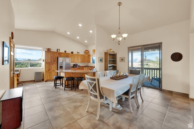 1617 N Mount Zion Dr, Apple Valley, UT 84737 - dining area featuring recessed lighting, an inviting chandelier, light tile patterned floors, high vaulted ceiling, and baseboards