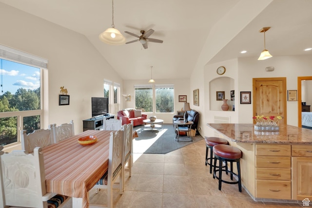 1617 N Mount Zion Dr, Apple Valley, UT 84737 - dining area with light tile patterned floors, recessed lighting, vaulted ceiling, and ceiling fan