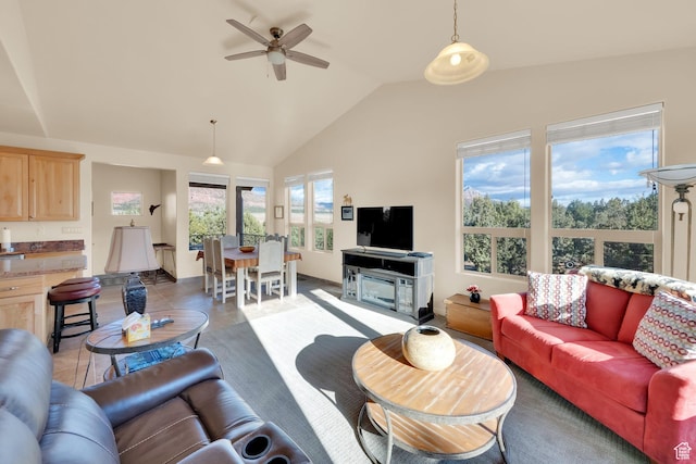 1617 N Mount Zion Dr, Apple Valley, UT 84737 - living area featuring lofted ceiling, ceiling fan, and light tile patterned floors