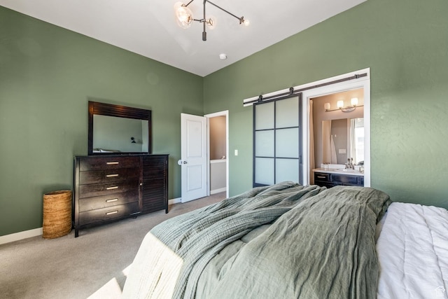 4712 W S Jordan Pkwy S, South Jordan, UT 84009 - carpeted bedroom featuring a chandelier, baseboards, ensuite bath, and a barn door