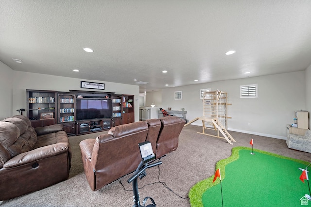 living area featuring visible vents, a textured ceiling, recessed lighting, carpet flooring, and baseboards