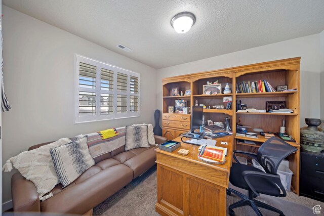 carpeted office with visible vents and a textured ceiling