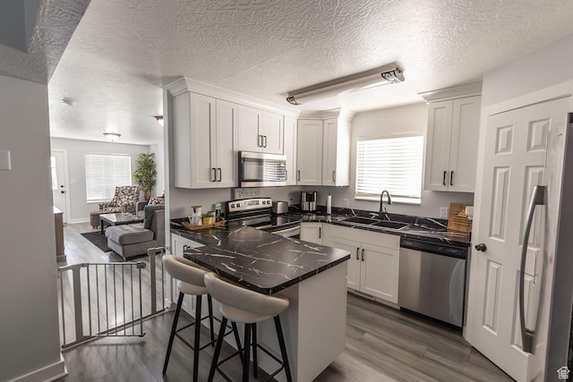 832 S 1430 E, Spanish Fork, UT 84660 - kitchen with appliances with stainless steel finishes, a sink, dark countertops, a peninsula, and healthy amount of natural light