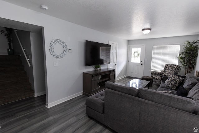 832 S 1430 E, Spanish Fork, UT 84660 - living area with baseboards, dark wood-type flooring, stairway, and a textured ceiling