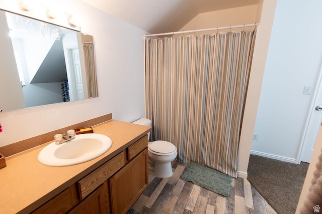 832 S 1430 E, Spanish Fork, UT 84660 - bathroom with vanity, lofted ceiling, toilet, wood finished floors, and a shower with shower curtain