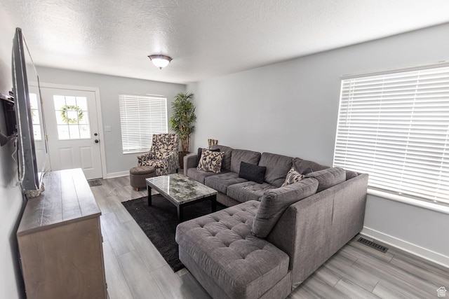 832 S 1430 E, Spanish Fork, UT 84660 - living room featuring a textured ceiling, light wood-type flooring, and baseboards