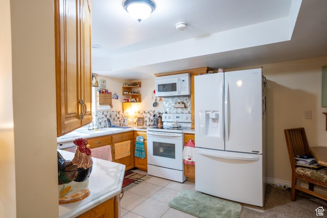 4072 N White Pine Rd E, Eagle Mountain, UT 84005 - kitchen featuring white appliances, open shelves, light tile patterned flooring, decorative backsplash, and light countertops
