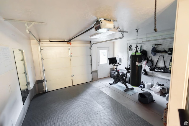 workout room with a garage