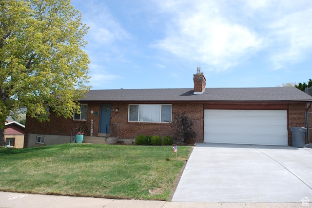 71 Gary Way N, Salt Lake, UT 84054 - ranch-style home with a front lawn, a garage, brick siding, a chimney, and concrete driveway