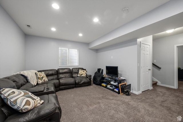 12172 S Window Arch Ln, Herriman, UT 84096 - carpeted living area with baseboards, stairway, visible vents, and recessed lighting