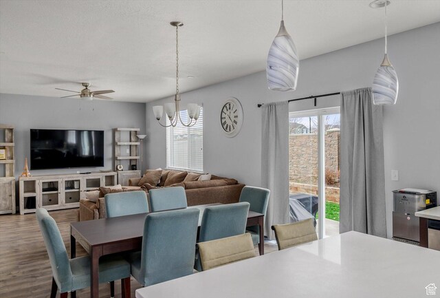 12172 S Window Arch Ln, Herriman, UT 84096 - dining space with ceiling fan with notable chandelier, wood finished floors, and a wealth of natural light
